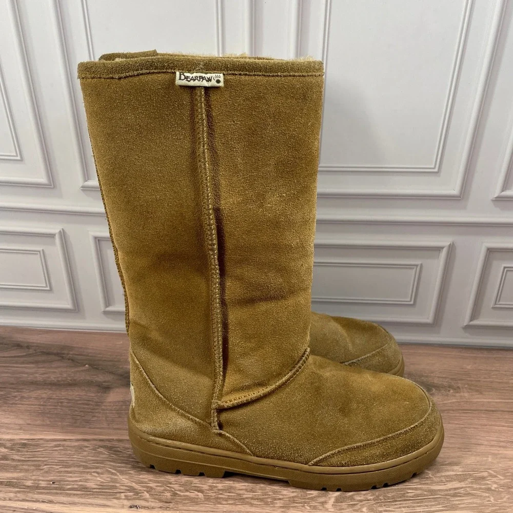 Bearpaw Elle Tall Suede Boots Womens Tan Hickory Faux Fur Lined Winter Pull On 9